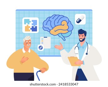 Human brain study flat vector illustration. Neurologist diagnose brain functions and health status of male elderly patient.