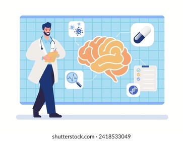 Ilustración vectorial plana de estudio cerebral humano. Examen de las funciones cerebrales y el estado de salud por parte de los neurólogos.