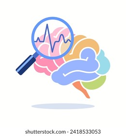 Human brain study flat vector illustration. Examination of human brain functions with magnifying glass.