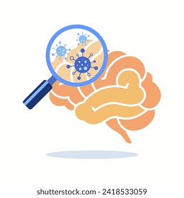 Human brain study flat vector illustration. Examination of human brain disease with magnifying glass.