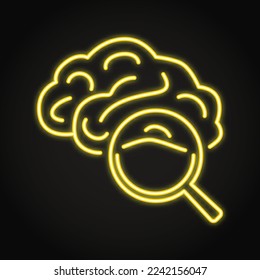 Human brain study neon icon. Brain exploration and research with magnifying glass. Vector illustration