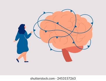 Human brain surrounded by the prickly thorns. Woman has Brain restriction or impairment function. Mental neurological disorders and illness concept. Vector flat illustration