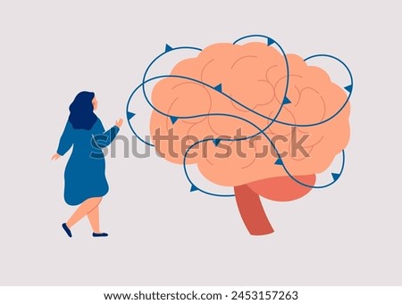Human brain surrounded by the prickly thorns. Woman has Brain restriction or impairment function. Mental neurological disorders and illness concept. Vector flat illustration
