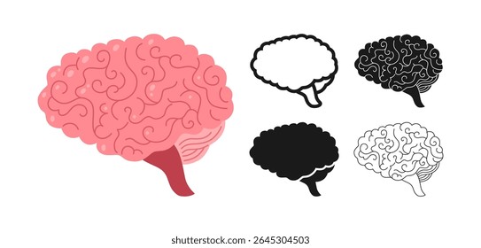 Human brain symbol set. Mind symbol concept on white background. Drawing human brain for medical, neuroscience, educational or tech, or for children simple style sign design vector illustration