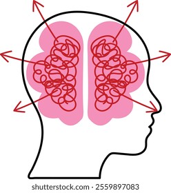 Human Brain with Tangled Thoughts and Arrows Pointing in Different Directions
