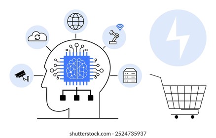 O cérebro humano é um circuito tecnológico conectado a ícones que representam computação em nuvem, internet, robótica, armazenamento de dados e carrinho de compras. Ideal para IA, aprendizagem de máquina, tecnologia, inovação