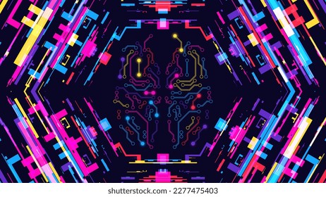 El cerebro humano. Antecedentes tecnológicos. Colores neones. Ilustración del vector