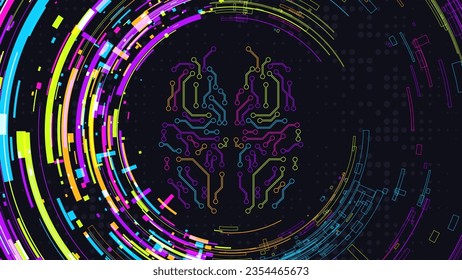 El cerebro humano. Antecedentes tecnológicos. Colores neones. Ilustración del vector