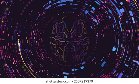 Menschliches Gehirn. Technologischer Hintergrund. Neonfarben. Vektorgrafik