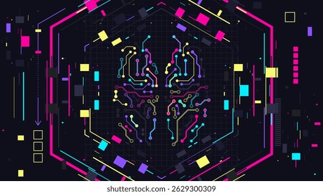 Human brain. Technology background. Neon colors. Vector illustration
