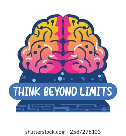 Human brain with think beyond limits text, flat sticker 
