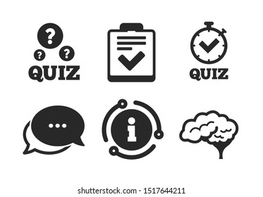 Human brain think. Chat, info sign. Quiz icons. Checklist and stopwatch timer symbol. Survey poll or questionnaire feedback form sign. Classic style speech bubble icon. Vector