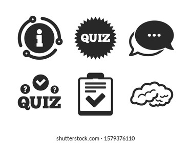 Human brain think. Chat, info sign. Quiz icons. Checklist symbol. Survey poll or questionnaire feedback form. Questions and answers game sign. Classic style speech bubble icon. Vector