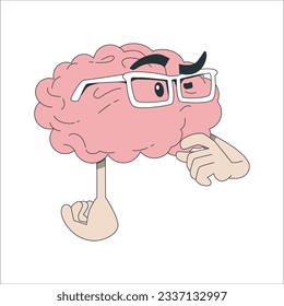 Human brain thought character with glasses thinks over question mark. Seeking answer cartoon brain concept. Brain Having Questions Vector Cartoon. Cute little brain mascot thinking hard to solve. 2148