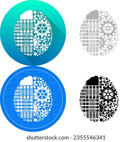 Human Brain Top Central Nervous System Cybernetic Robotic Biomedical Engineering Circuit Board Icon Design, Set of Flat Long Shadow, Black-White Silhouette, Gear Dot Isolated on White Background