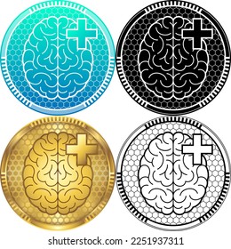 Visión superior del cerebro humano Sistema nervioso central Logotipo médico de garantía de seguridad saludable, conjunto de pictograma de iconos redondos, silueta blanco-negro, insignia dorada, arte de línea aislado en fondo blanco