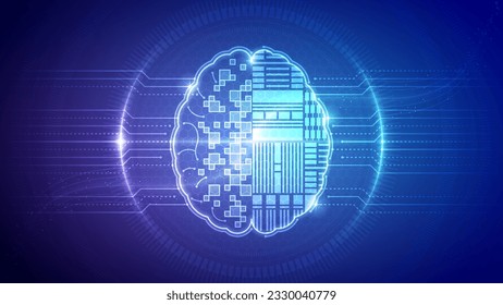 Human Brain Top View, Brain Lobes, Central Nervous System, Neuron, Neural Networks, Cybernetic Futuristic Robotic Circuit Board Translucent Neon Glow Medical Hologram Backdrop Background Illustration