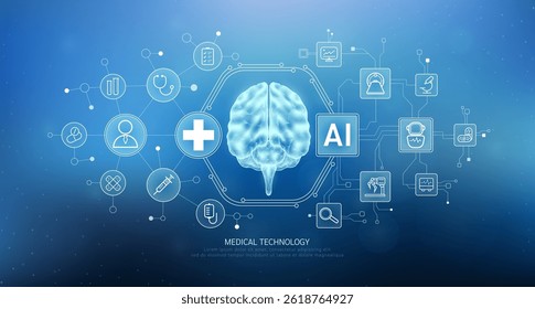 Human brain translucent with medical network icons on blue background. Artificial intelligence (AI) in health care technology. Innovation in digital health smart medical diagnostics. Vector. 