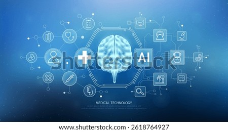 Human brain translucent with medical network icons on blue background. Artificial intelligence (AI) in health care technology. Innovation in digital health smart medical diagnostics. Vector. 