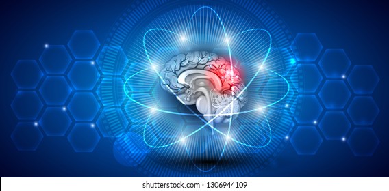 Human brain treatment concept. Abstract blue scientific background with transparent cells