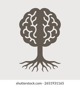 Ícone marrom das raízes da árvore do cérebro humano. Um símbolo que representa conhecimento, crescimento e saúde mental. Isolado sobre um fundo pálido.