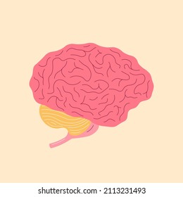 Human brain trendy cartoon style. Internal organ symbol flat and line design. Vector illustration isolated on yellow background