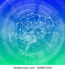 human brain of triangles, lines & dots located on a blue green technological background - conceptual illustration symbolizing artificial intelligence & modern biotechnology & HUD interface
