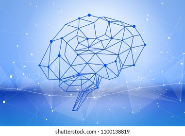 human brain of triangles, lines & dots located on a blue green technological background - conceptual illustration symbolizing artificial intelligence & modern biotechnology & HUD interface
