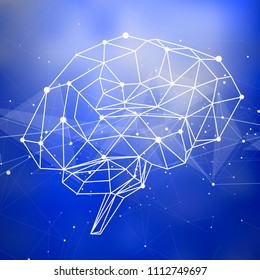 human brain of triangles, lines & dots located on a blue technological background - conceptual illustration symbolizing artificial intelligence & modern biotechnology & HUD interface