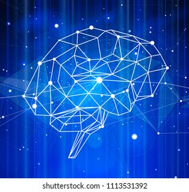 human brain of triangles, lines & dots located on a blue technological background - conceptual illustration symbolizing artificial intelligence & modern biotechnology & HUD interface