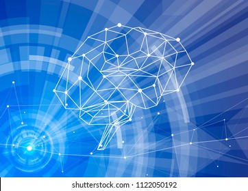 human brain of triangles, lines & dots located on a blue technological background - conceptual illustration symbolizing artificial intelligence & modern biotechnology & HUD interface