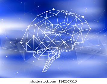human brain & triangles, lines, dots located on a color technological background - conceptual illustration symbolizing artificial intelligence & modern biotechnology & HUD interface