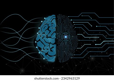 El cerebro humano con dos mitades. Cerebro conectado a la inteligencia artificial.