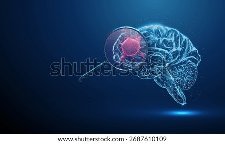 Human brain under magnifying glass with red tumor inside Brain cancer diagnostics, neurological disease detection, pathology investigation, biomedical study concept. Low poly digital futuristic Vector