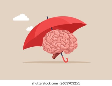 Human brain under umbrella. Solve problems. Brainstorming. Flat vector illustration