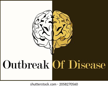 Vector de cerebro humano, diseño de emblema. Estrés, dolor de cabeza, brote de enfermedades, ícono, logo del cerebro humano, amarillo.