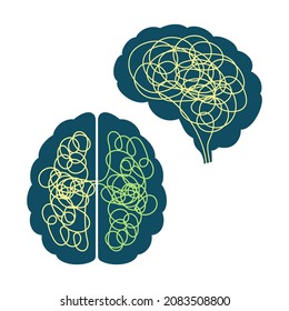 Human brain. Vector flat illustration of a brain with a picture of a tangle of thoughts. Top and side view.