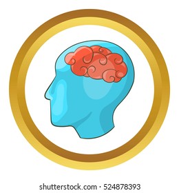 Human brain vector icon in golden circle, cartoon style isolated on white background
