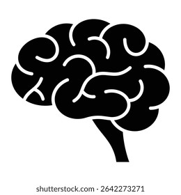 Human brain vector icon. Neuroscience, psychology, mental health, thinking, intelligence, memory, learning, and education concept. Black silhouette isolated on white background.