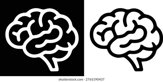 Human brain vector icon set. Minimalist line art of brain anatomy for intelligence, creative thinking, and mental health concept isolated on black and white background.