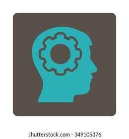 Human Brain vector icon. Style is flat rounded square button, cyan and grey colors, white background.