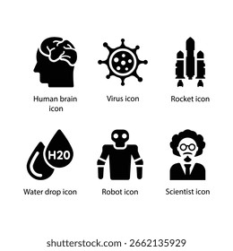 Cerebro humano, Virus, Cohete, Gota de agua, Robot, Científico, icono