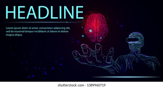 Human brain. VR headset holographic projection virtual reality glasses. Futuristic medicine research therapy health analysis laboratory vector illustration. Headline