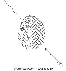 Human brain vs artificial intelligence continuous line drawing concept, Ai and organic brain hemispheres wired together, single line neurointerface icon, humanity and machines interconnection