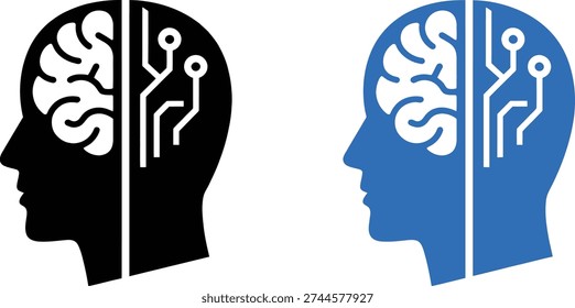 Human Brain vs Artificial Intelligence Circuit Concept Vector Icon, Minimal flat vector icon of human head silhouette divided into two halves, one side organic brain and other side circuit board pattern, artificial intelligence versus human intelligence concept isolated on white background.