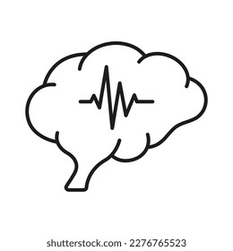 Human Brain with Wave Black Line Icon. Medical Neurology Science Linear Pictogram. Brain Activity Diagnostic Symbol on White Background. Editable Stroke. Isolated Vector Illustration.