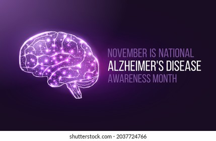 Human brain wireframe. Alzheimer's disease awareness month concept. Banner template with glowing low poly brain. Futuristic modern abstract. Isolated on dark background. Vector illustration