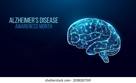 Human brain wireframe. Alzheimer's disease awareness month concept. Banner template with glowing low poly brain. Futuristic modern abstract. Isolated on dark background. Vector illustration