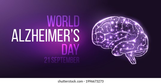 Human brain wireframe. World World Alzheimer's Day concept. Banner template with glowing low poly brain. Futuristic modern abstract. Isolated on dark background. Vector illustration