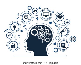 Iconos infográficos de trabajo cerebral humano, ilustración vectorial.
